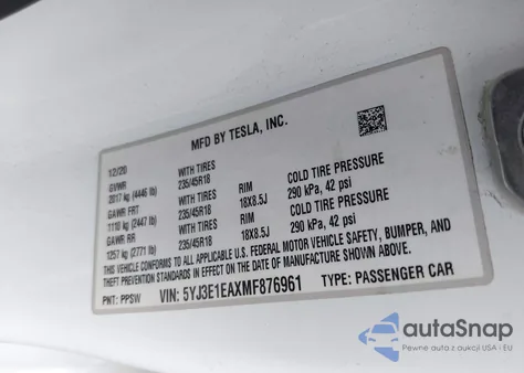 2021 Tesla Model 3 from USA, damaged, VIN 5YJ3E1EAXMF876961